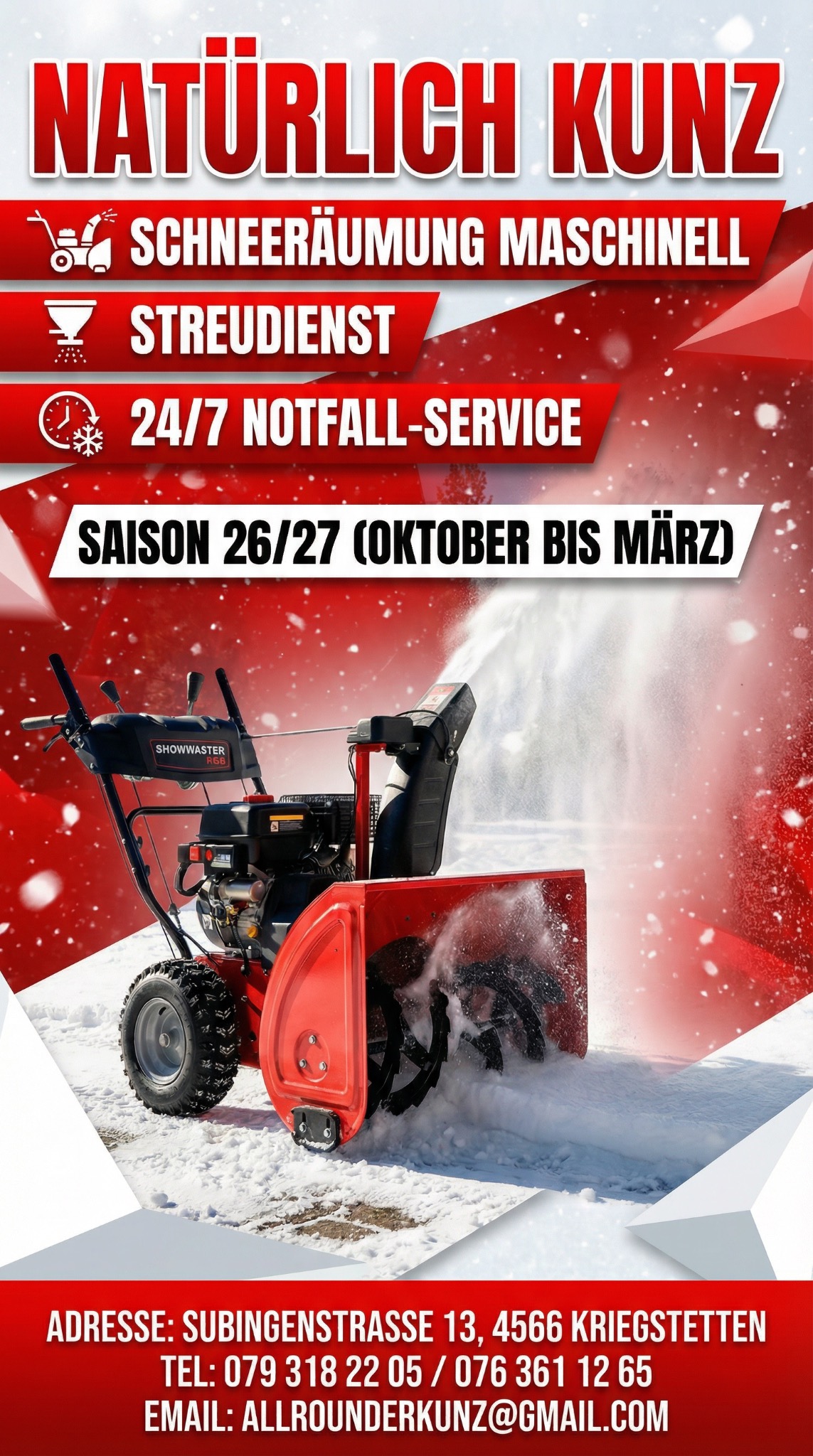 Natürlich Kunz Winterdienst Saison 26/27 - Schneeräumung maschinell, Streudienst, 24/7 Notfall-Service